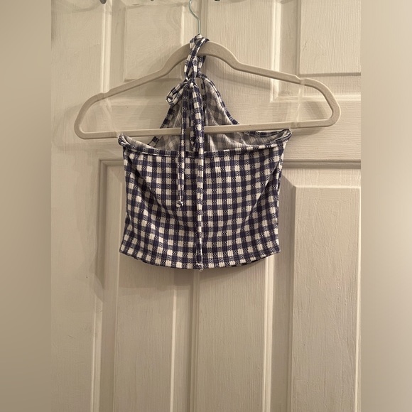 Size small blue white checkered halter neck tie cropped crop top - Picture 3 of 4